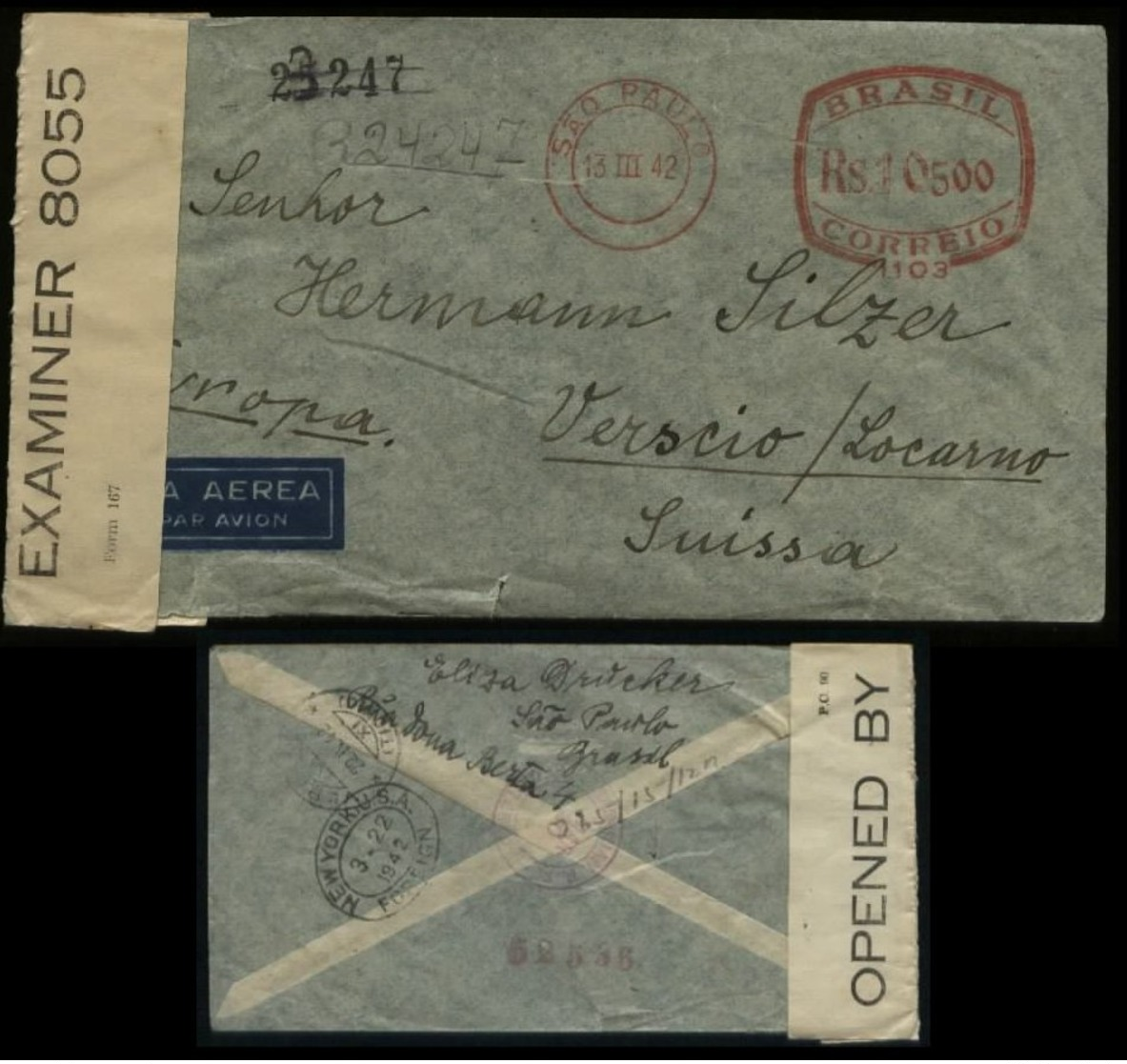 S4903 Brasilien Freistempel Luftpost Briefumschlag Mit Zensur: Gebraucht Sao Paulo über New York- Verscio Schweiz 1942 - Cartas & Documentos