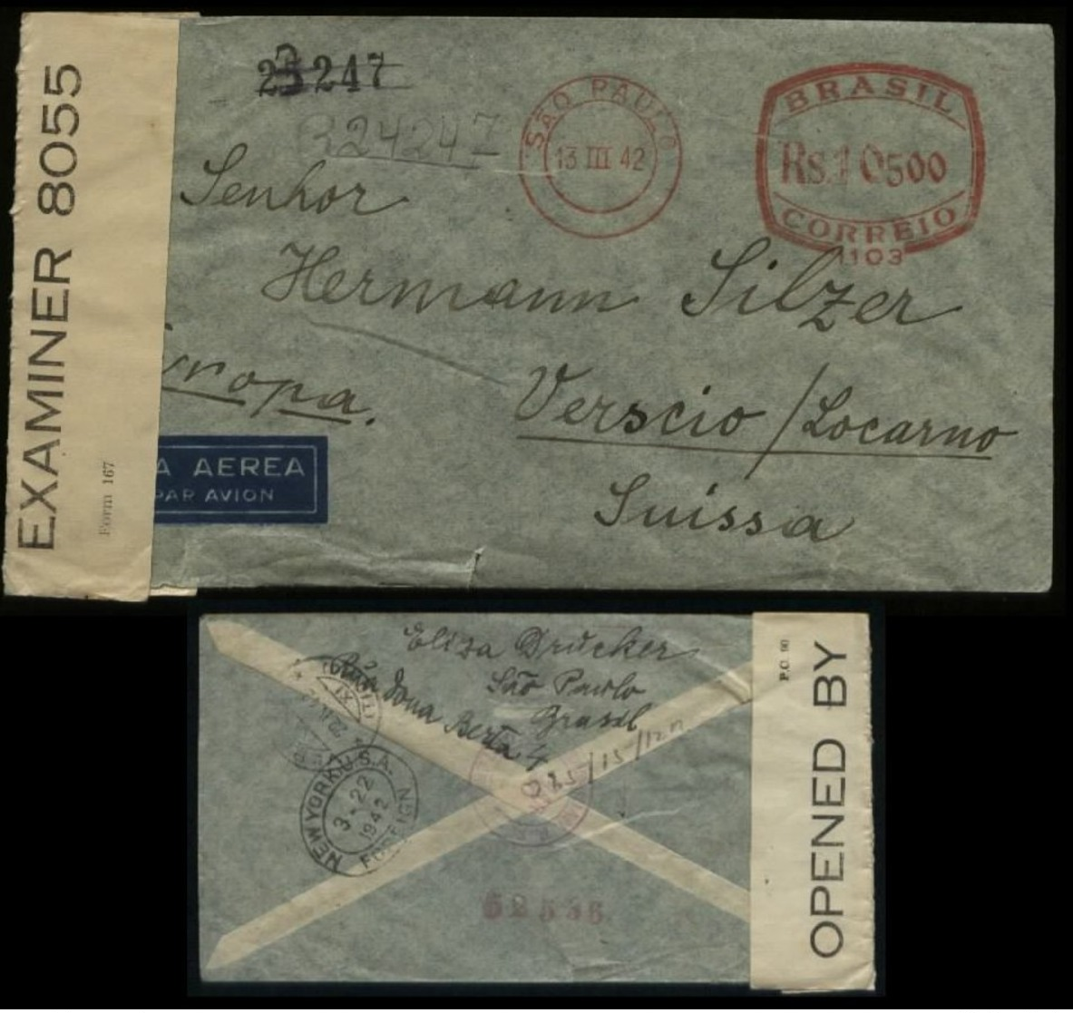 S4903 Brasilien Freistempel Luftpost Briefumschlag Mit Zensur: Gebraucht Sao Paulo über New York- Verscio Schweiz 1942 - Brieven En Documenten