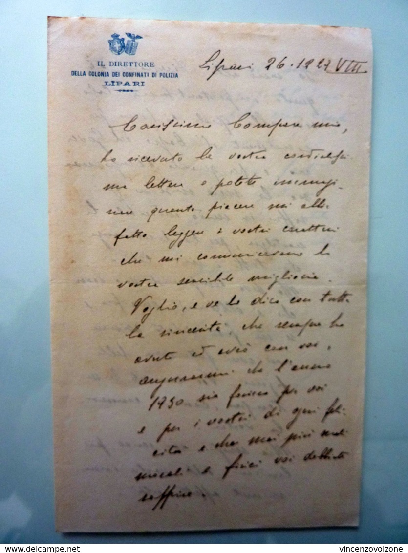 Lettera Manoscritta "IL DIRETTORE DELLA COLONIA DEI CONFINATI DI POLIZIA - LIPARI" 26 Dicembre 1929 - Manoscritti