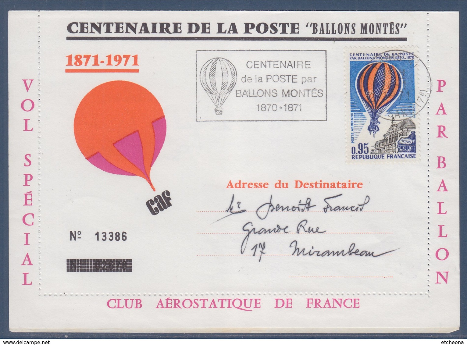 = Centenaire De La Poste Par Ballons Montés Vol Spécial Club Aérostatique De France Paris Av De Saxe 17è 28.1.71 PA45 - Montgolfières