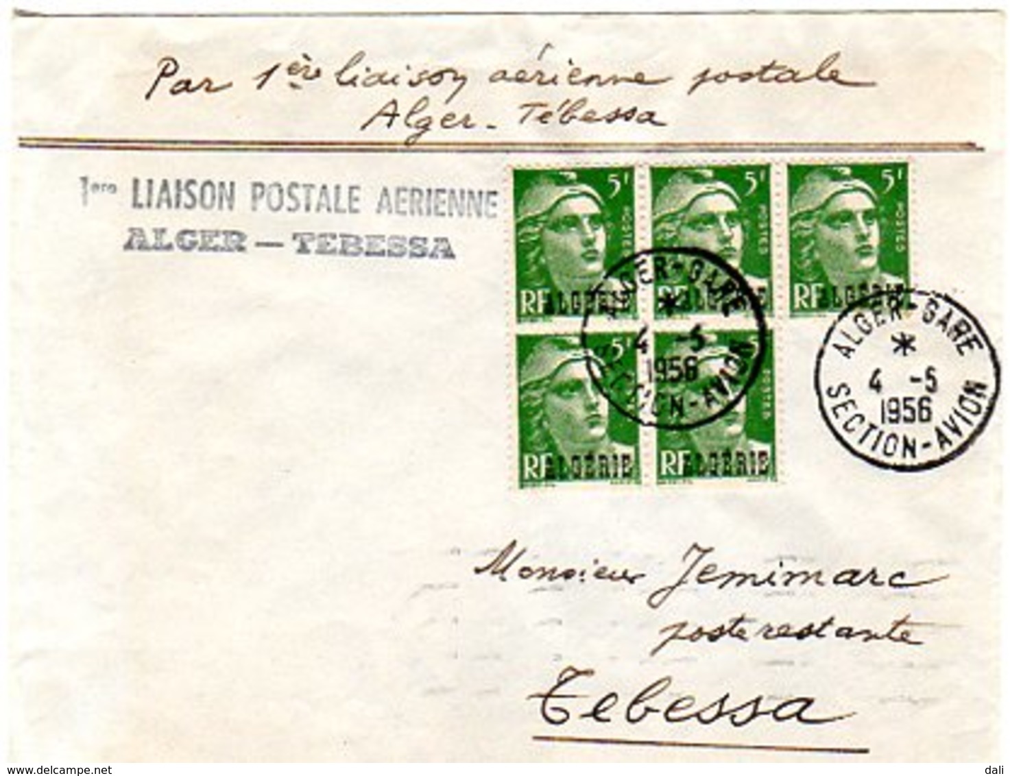 Gandon Lettre à 25 F En Poste Restante Du 4/5/1956 1er Liaison Postale Aérienne Alger - Tebessa - 1921-1960: Modern Period