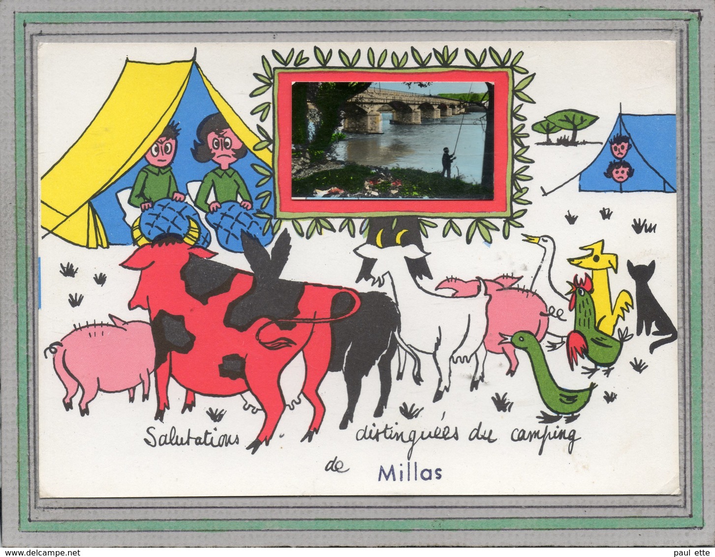 CPA - MILLAS (66) - Carte D'illustrateur  Avec Photo Encartée De 1960 - Salutations Distinguées Du Camping ... - Millas