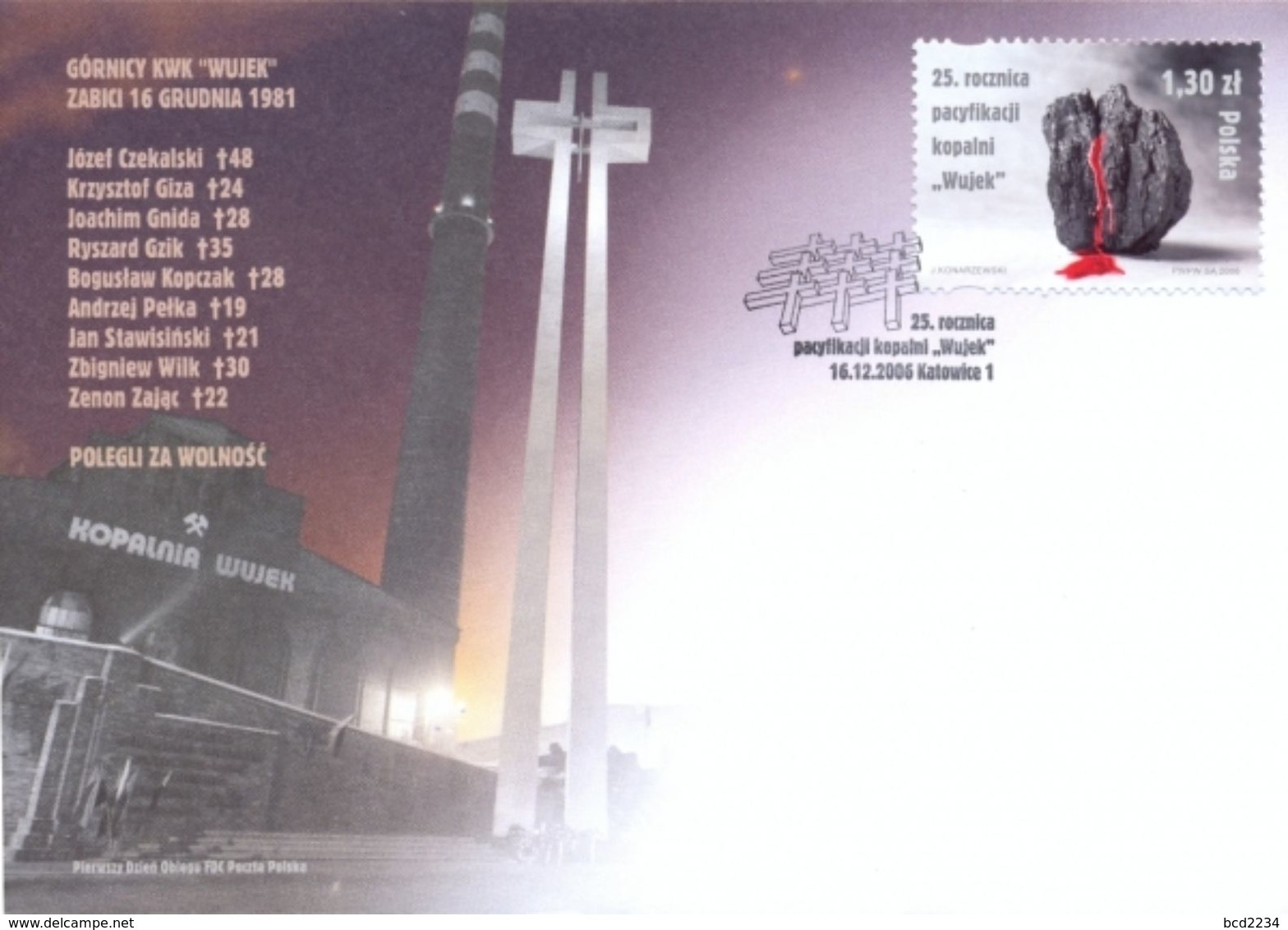 POLAND FDC 2006 SOLIDARITY SOLIDARNOSC 25TH ANNIV END OF MINERS KWK WUJEK MINE STRIKE LUMP COAL BLEEDING 9 MINERS KILLED - FDC