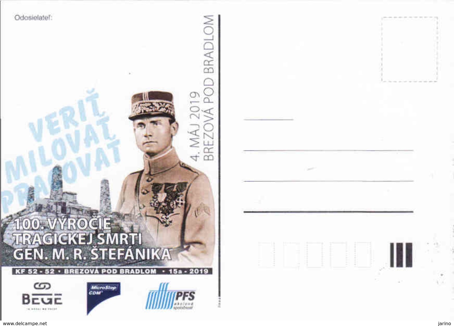 Slovakia 4. Maj 2019, Carte Postale Occasionnelle 100 Ans Après Le Décès De M. R. Štefánik, Tirage 200 Pieces Only - Postales