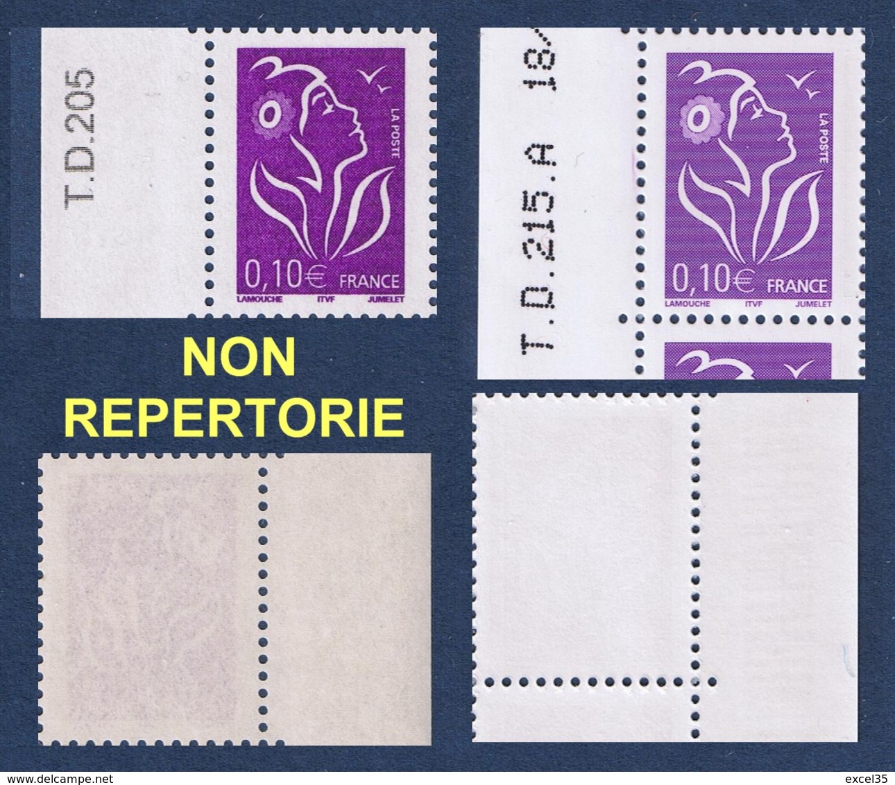 TYPES NON REPERTORIES :  0.10 € Lamouche ITVF TD 205 Type I PAPIER JAUNATRE + 0.10 € Lamouche TD215A MAUVE - CERES 3714 - 2004-2008 Marianne De Lamouche