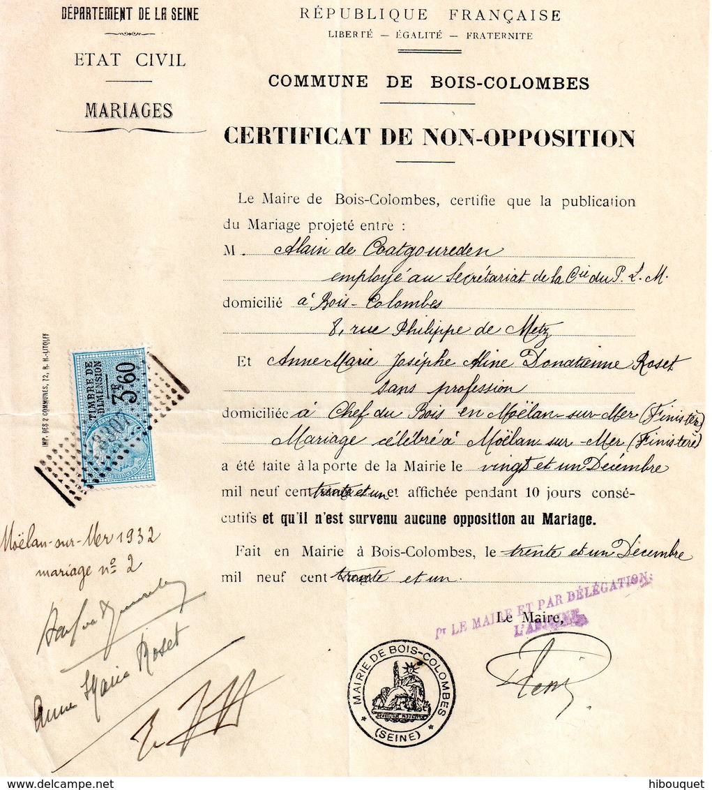 Certificat De Non Opposition à Mariage, Bois Colombes, 92, Timbre De Dimension Bleu, Oblitéré Rectangle Pointillé, 3307 - Non Classés