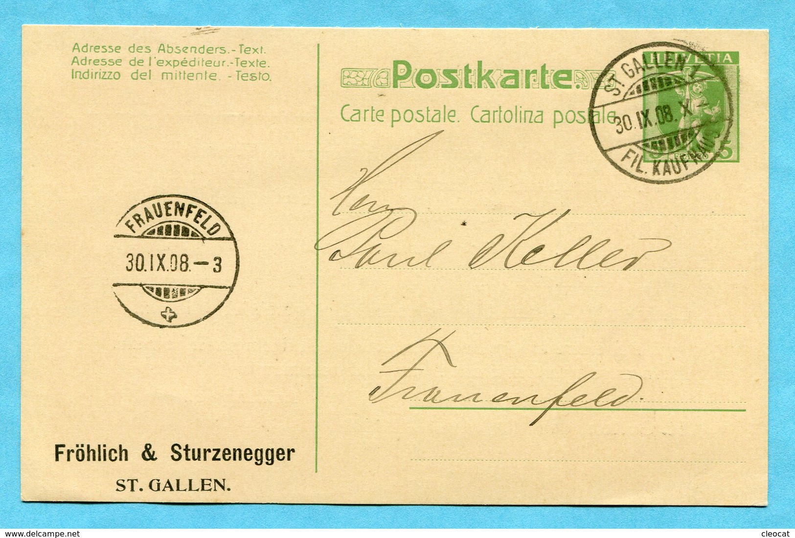 Postkarte St. Gallen Mit Zudruck Fröhlich & Sturzenegger 1908 - Interi Postali
