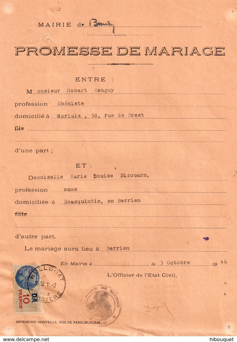 3 Promesses De Mariage, Commune De Berrien, Trace De Punaise Aux Angles, Timbre Fiscal Bleu 10 Francs - Autres & Non Classés