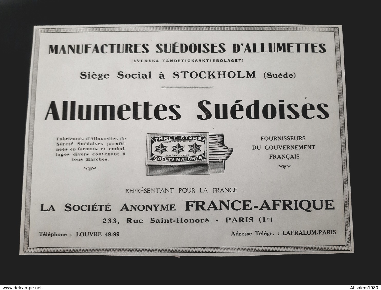 ALLUMETTES SUEDOISES FRANCE AFRIQUE STOCKOLM SVENSKA TANDSTICKSAKTIEBOLAGET PUBLICITE 1926 SAFETY MATCHES SWEDEN SVERIGE - Publicités