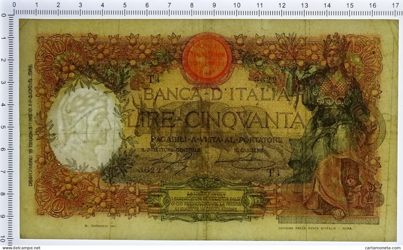 50 LIRE CAPRANESI BUOI TESTINA DECRETO PRIMA DATA 15/06/1915 BB/BB+ - Regno D'Italia - Altri