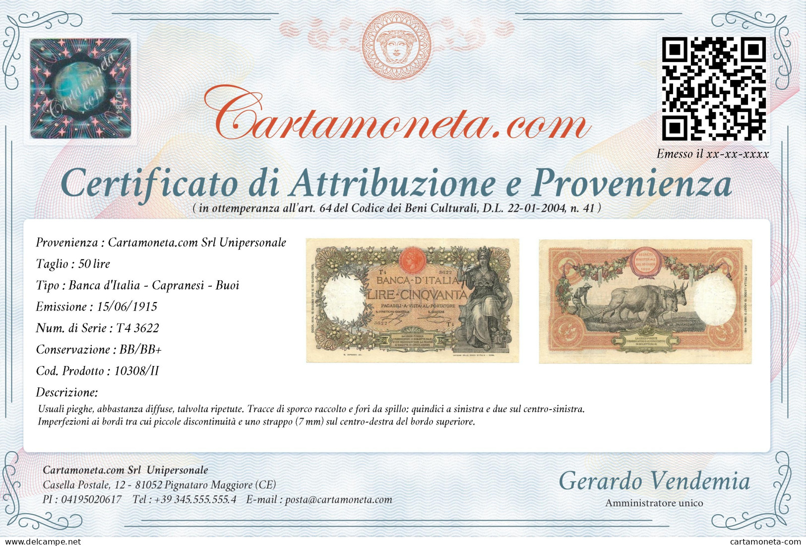 50 LIRE CAPRANESI BUOI TESTINA DECRETO PRIMA DATA 15/06/1915 BB/BB+ - Regno D'Italia - Altri