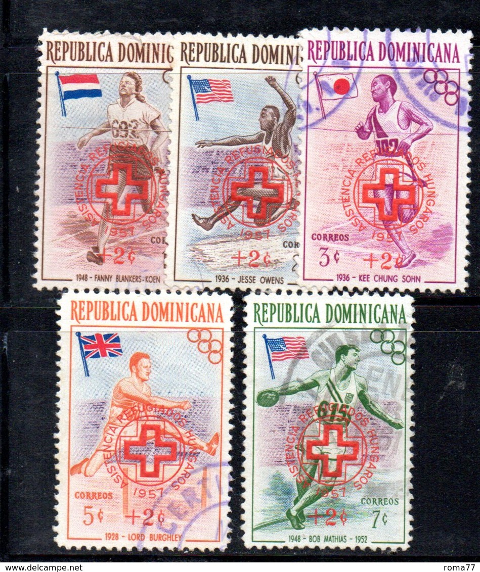 APR2025 - REPUBBLICA DOMINICANA 1957 , Serie Yvert N.  452/456 Usata (2380A)  Melbourne + Rifugiati - Repubblica Domenicana