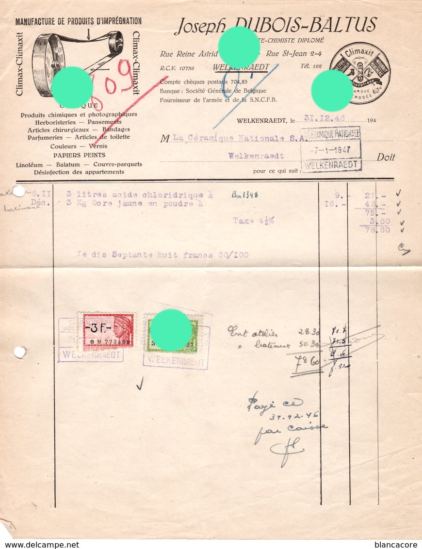 Welkenraedt 1946 Joseph DUBOIS BALTUS  Chimiste Droguerie - Chemist's (drugstore) & Perfumery