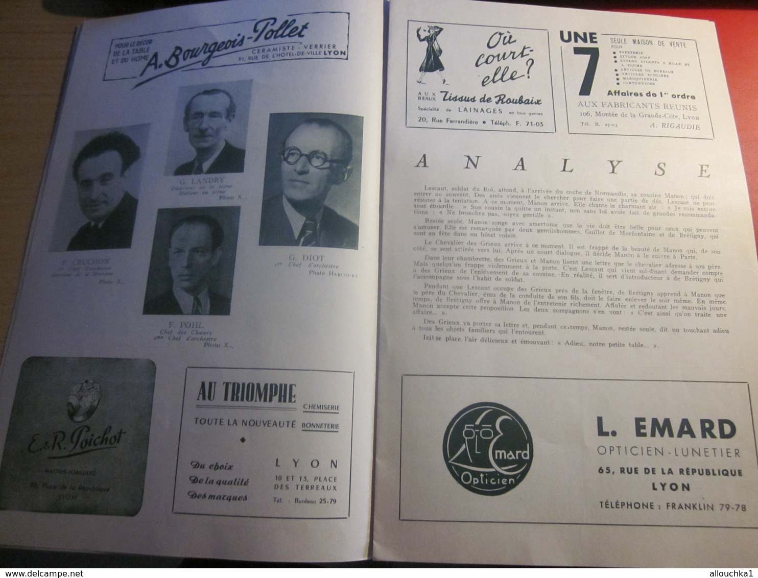 SAISON 1948/49 " MANON" MUSIQUE DE MASSENET PROGRAMME VILLE DE LYON ORCHESTRE OPÉRA THÉÂTRE C. BOUCOIRAN-PUBS-PHOTOS ART