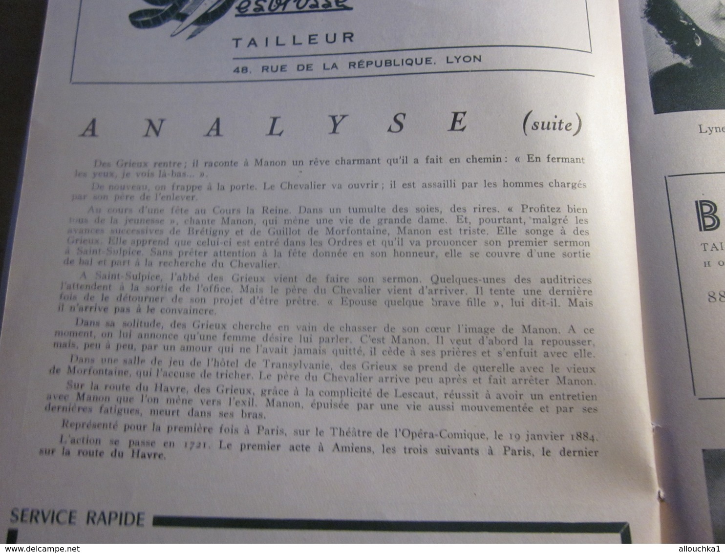 SAISON 1948/49 " MANON" MUSIQUE DE MASSENET PROGRAMME VILLE DE LYON ORCHESTRE OPÉRA THÉÂTRE C. BOUCOIRAN-PUBS-PHOTOS ART