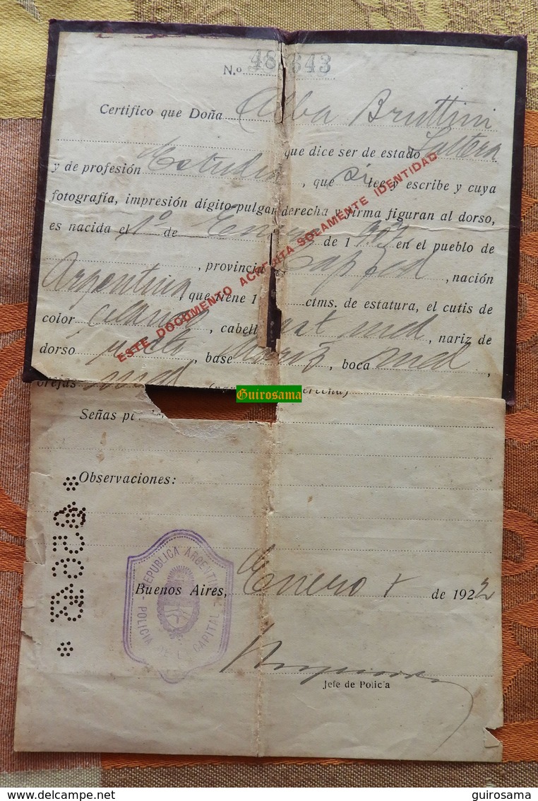 Carte D'identité De La République D'Argentine Pour 1 Femme étudiante Née En 1907 Délivrée En 1922 - Cedula De Identidad - Non Classificati