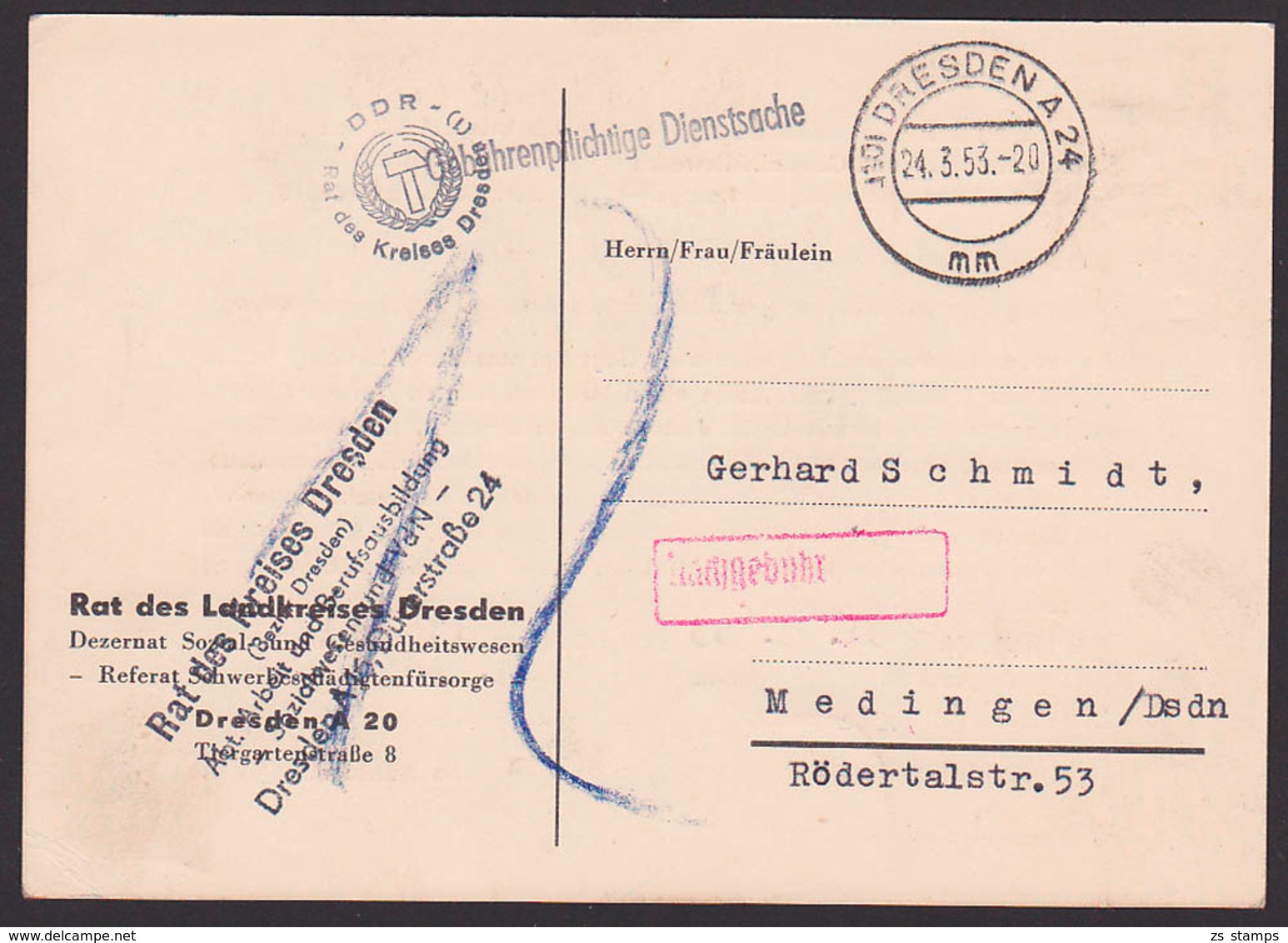 Behörde Dresden Gebührenpflichtige Dienstsache Nachgebühr Siegelstempel Hammer/Ährenkranz 1953, Dienstpost, Medingen - Covers & Documents