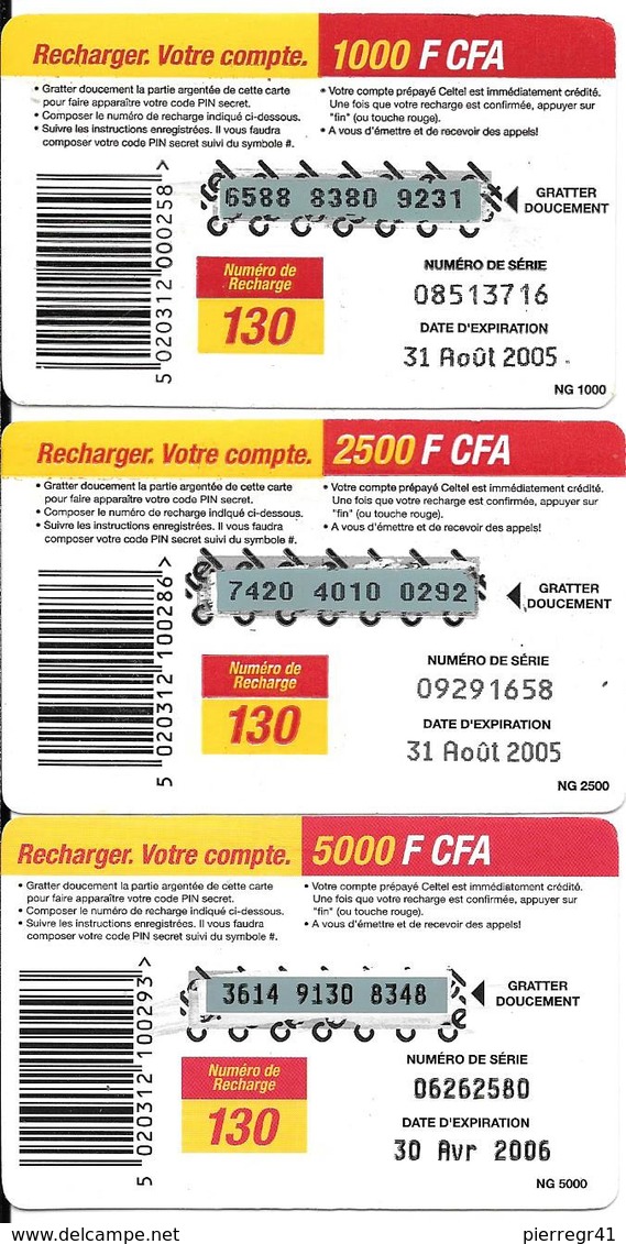 3-CARTES-PREPAYEE-GSM-2005-GABON-1000/2500/5000CFA-Personnages-Grattés-TBE - Gabon