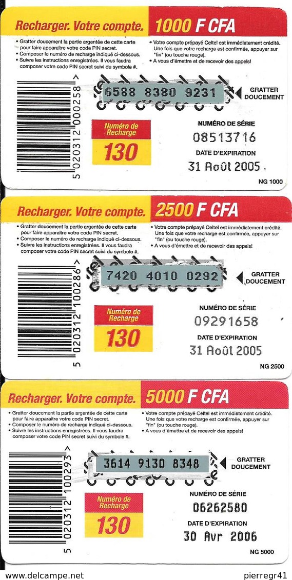 3-CARTES-PREPAYEE-GSM-2005-GABON-1000/2500/5000CFA-Personnages-Grattés-TBE - Gabun