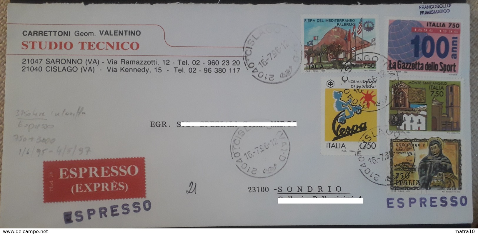 Italia Italy 3750 LIRE IN TARIFFA ESPRESSO 16.7.1996 CISLAGO SONDRIO VESPA GAZZETTA CELESTINO NON COMUNE - 1991-00: Storia Postale