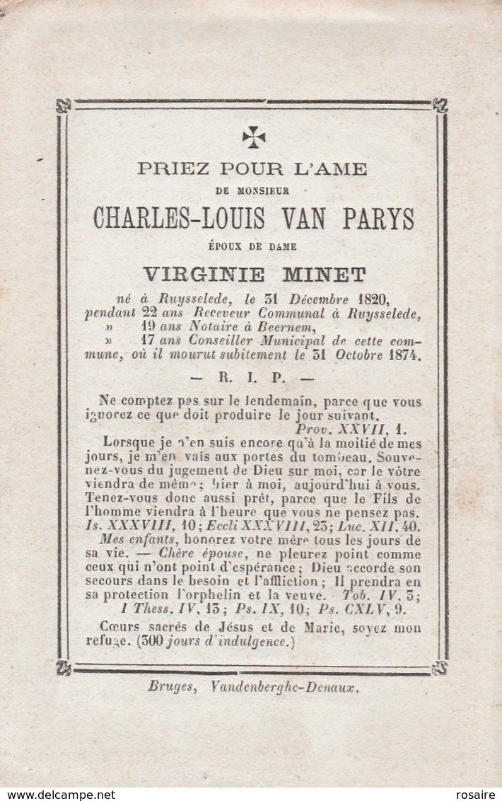 Charles Louis Van Parys-ruysselede 1820-notaire Beernem-1874 - Images Religieuses