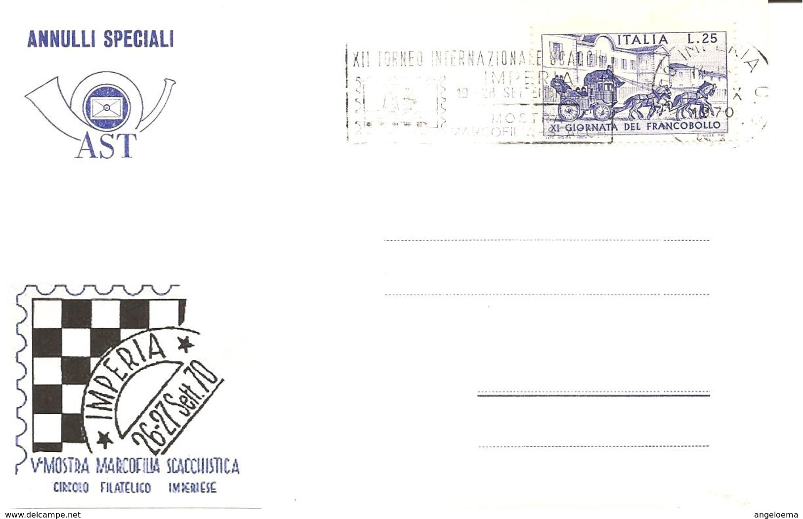 ITALIA - 1970 IMPERIA XII Torneo Scacchi (scacchiera, Torre, Cavallo Dentro Un Francobollo Dentellato)- Ann. A Targhetta - Non Classificati
