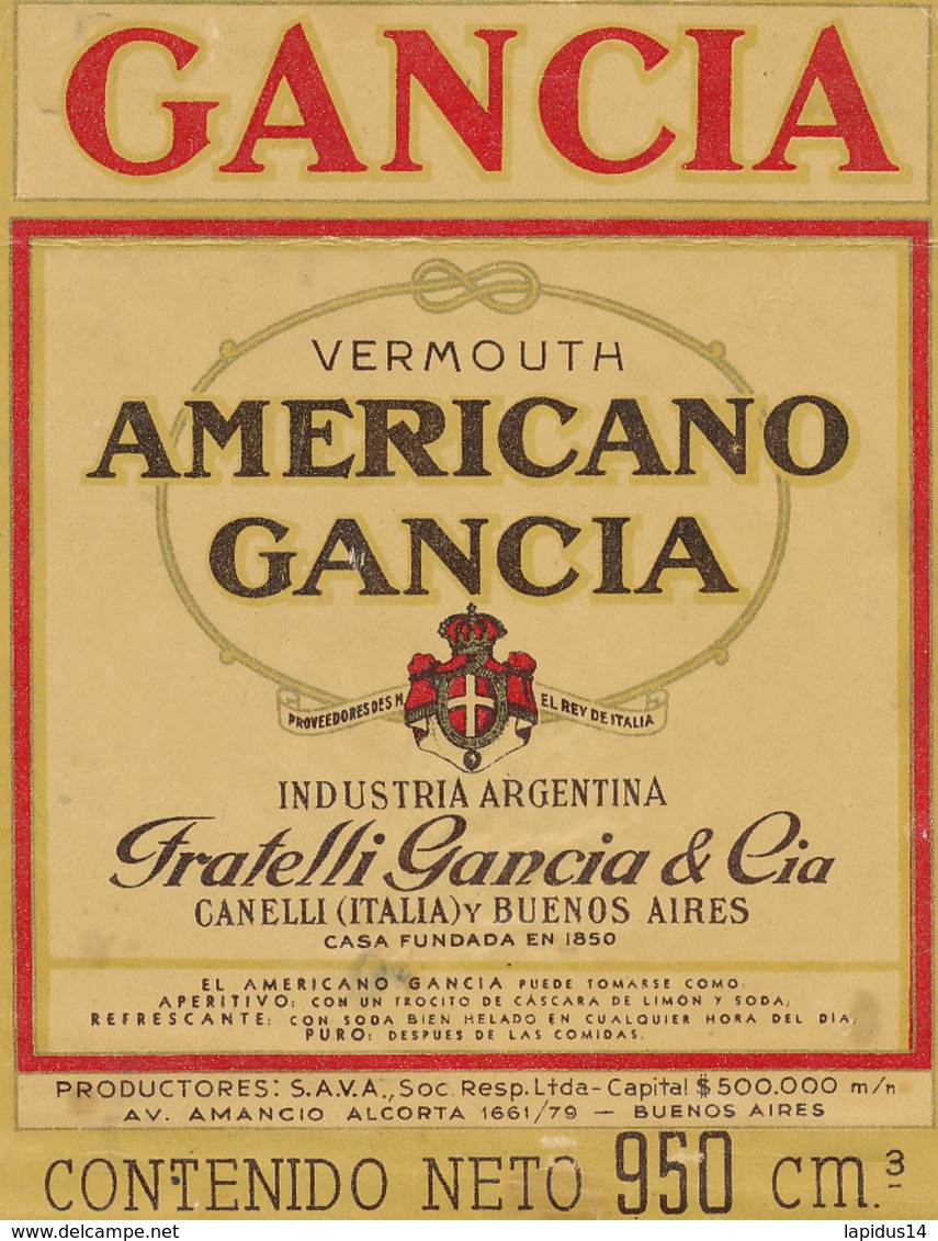 AN 537 / ETIQUETTE    GANCIA  VERMOUTH AMERICANON  FRATELLI GANCIA & Cie - Autres & Non Classés