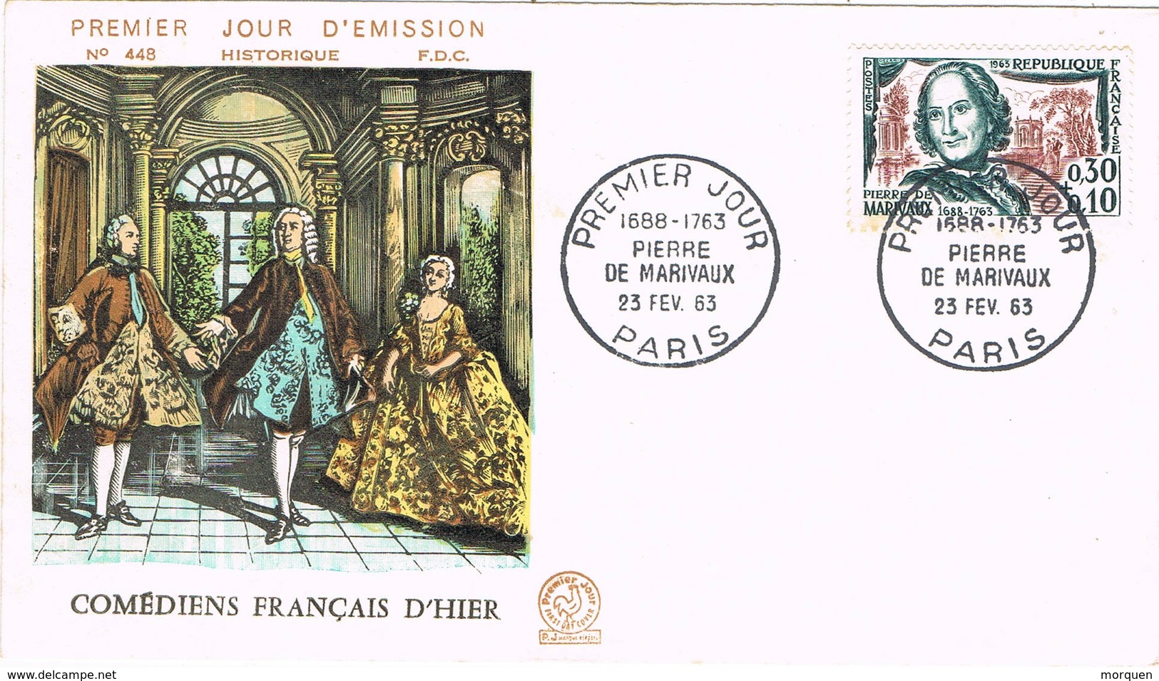 33655. Carta F.D.C. PARIS 1963. PIERRE De MARIVAUX. Comediens Français - 1960-1969