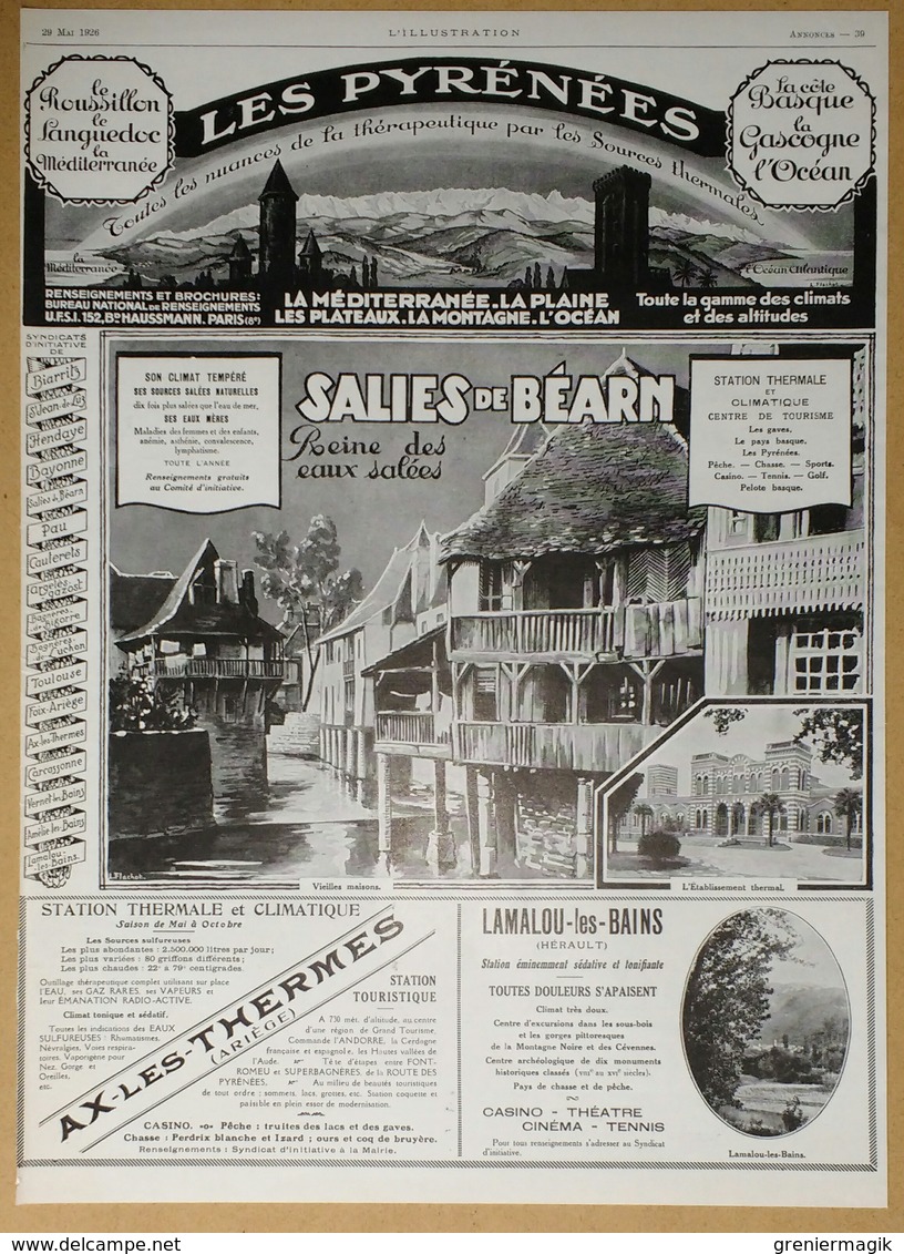 1926 Publicité Les Pyrénées Salies-de-Béarn, Ax-les-Thermes, Lamalou-les-Bains... - Publicités