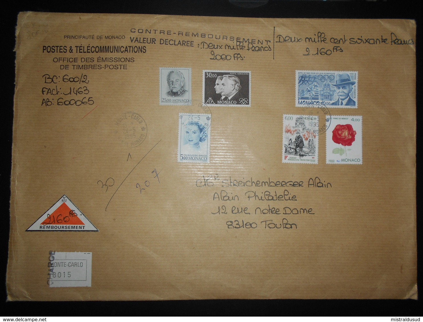Monaco Lettre Recommandee De Monte Carlo 1995 Pour Toulon - Lettres & Documents