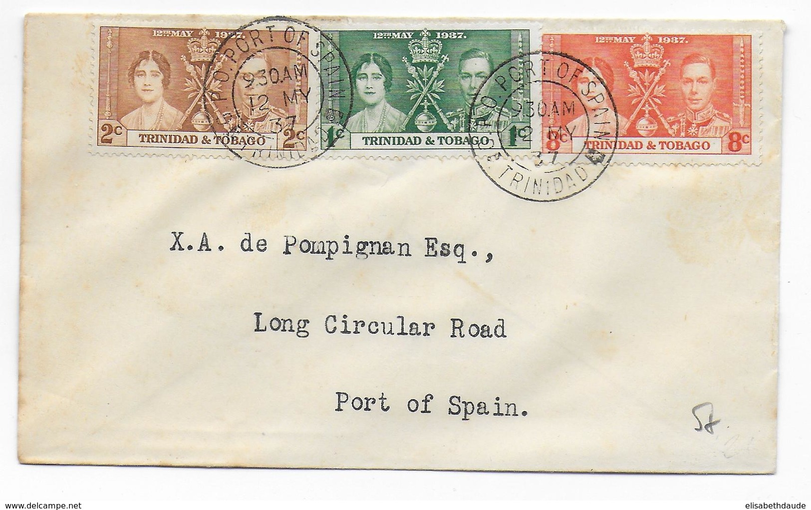 TRINIDAD - 1937 - SERIE MARIAGE ROYAL Sur ENVELOPPE De PORT OF SPAIN - Trinidad Y Tobago