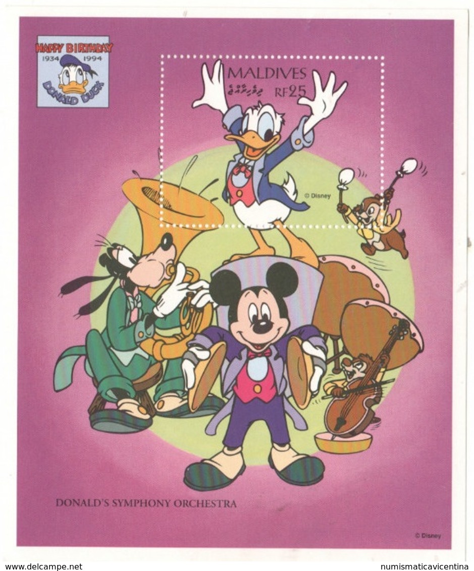 Topolino Paperino Pluto Cip & Ciop Disney Maldive MALDIVES 1994 Donald Duck Birthday 25 RF SHEET MNH Orchestra - Disney