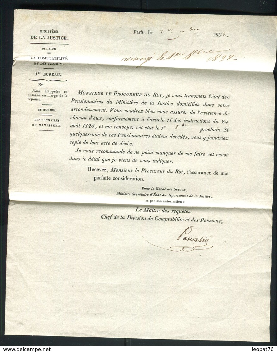 Griffe " Ministère De La Justice " Sur Lettre Avec Texte En 1832 Pour Chalon / Saône - Réf AT 48 - 1801-1848: Précurseurs XIX