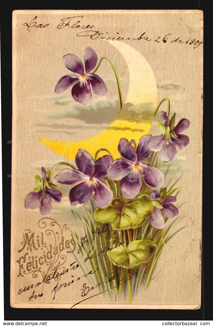 New Year Celebration Embossed Moon Lirium Flower Célébration Nouvel An En Relief Moon Lirium Fleur Postcard Cpa (w5-389) - Año Nuevo