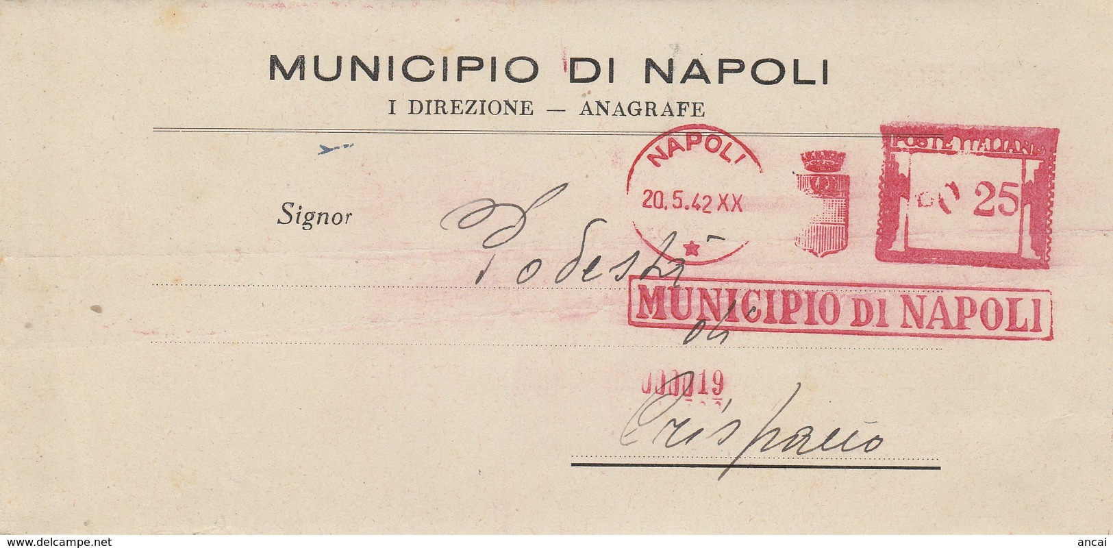 Napoli. 1942. Affrancatura Meccanica Rossa MUNICIPIO DI NAPOLI 0,25, Su Lettera Completa Di Testo - Macchine Per Obliterare (EMA)