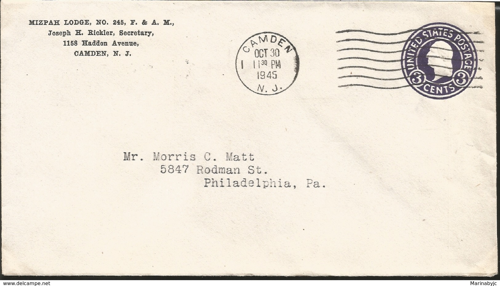 J) 1945 UNITED STATES, MIZPAH LODGE N°245 F&AM, POSTAL STATIONARY, CIRCULATED COVER, FROM NEW JERSEY TO PHILADELPHIA - Other & Unclassified