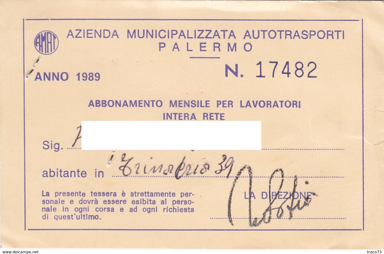 PALERMO  /  TESSERA  DI ABBONAMENTO MENSILE - Azienda Municipalizzata Autotrasporti  _ Anno 1989 - Europa