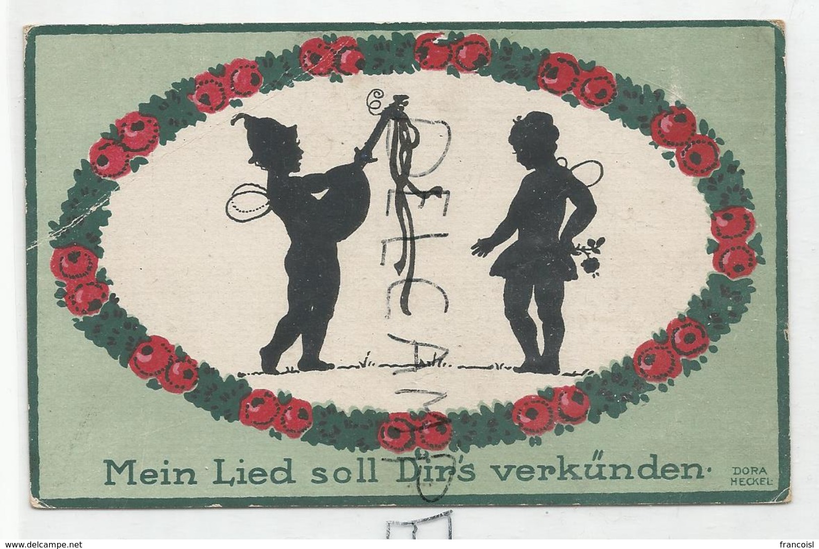 Couple D'elfes Musiciens:" Mein Lied Soll Dir's Verkünden". Signé Dora Heckel - Silhouettes