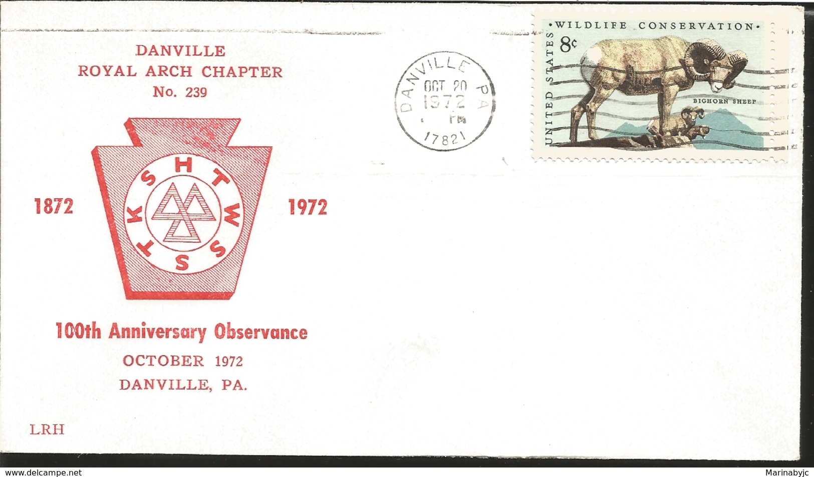 J) 1972 UNITED STATES, MASONIC GRAND LODGE, DANVILLE ROYAL ARCH CHAPTER N!239, 100th ANNIVERSARY OBSERVANCE, WILDLIFE CO - Autres & Non Classés