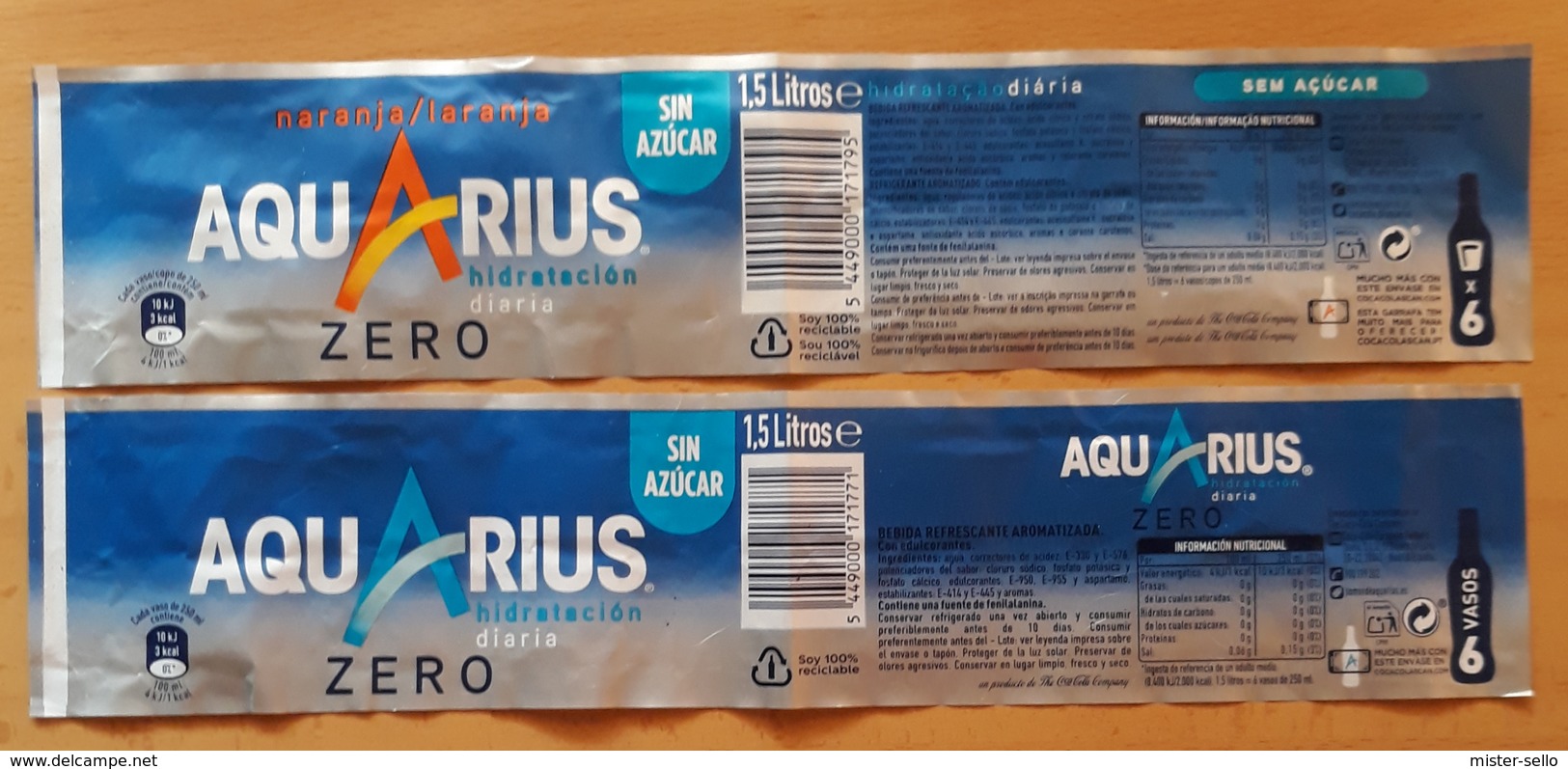 2 ETIQUETAS REFRESCO AQUARIUS NARANJA - LIMÓN 2 LITROS. - Otros & Sin Clasificación