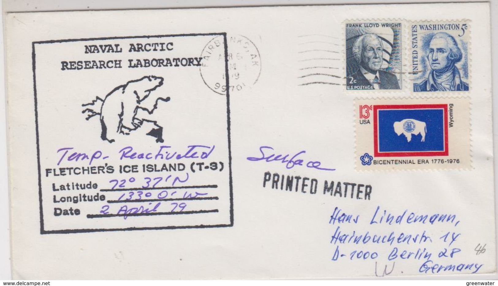 USA 1979 Fletcher's Ice Island Cover Ca Fairbanks AK 6 Apr 1979 (43947) - Brieven En Documenten