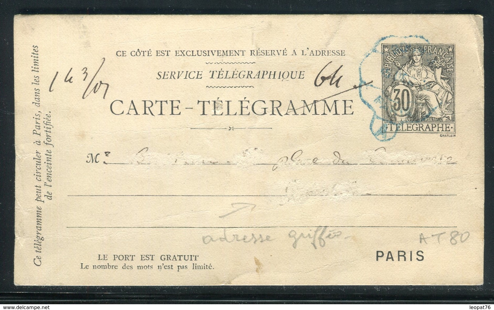 Carte Télégramme ( Pneumatique ) De Paris - Voir état - Réf AT 80 - Rohrpost