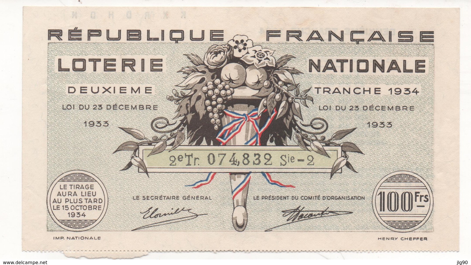 Ticket 100 Fr. Loterie Nationale 1934 2ème Tranche - Billetes De Lotería