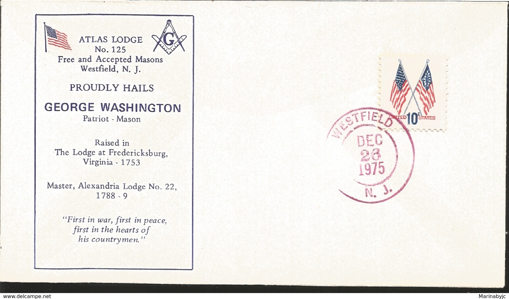 J) 1975 UNITED STATES, ATLAS LODGE N°125 FREE AND ACCEPTED MASONS WESTFIELD NJ, PROUDLY HAILS, GEORGE WASHINGTON, PATRIO - Sonstige & Ohne Zuordnung