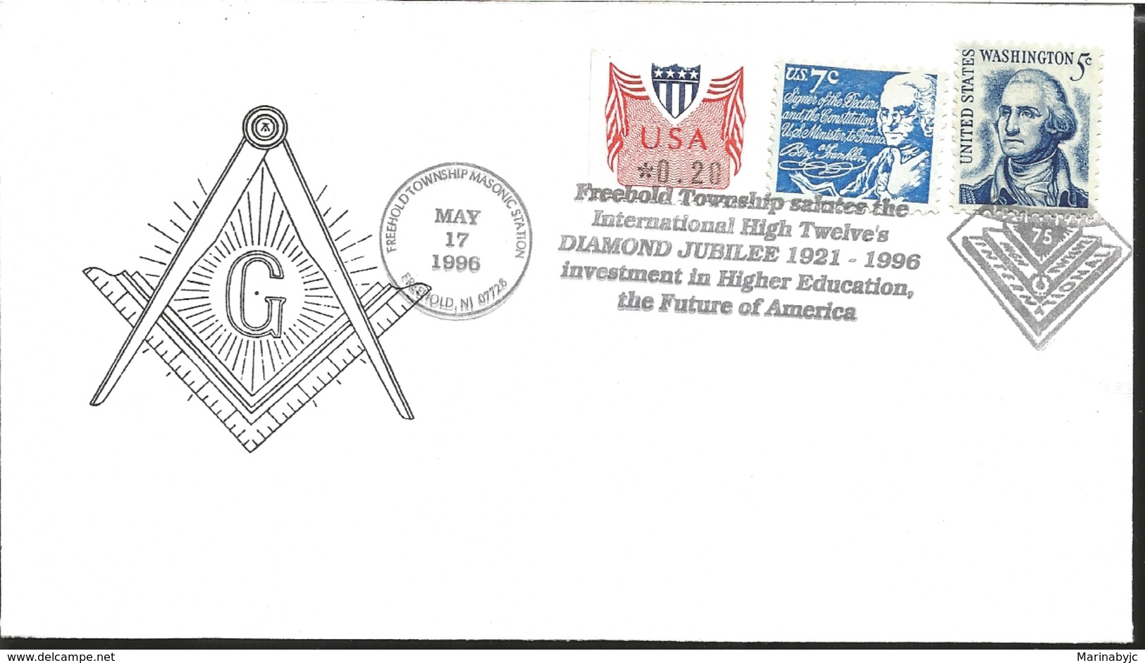 J) 1996 UNITED STATES, MASONIC GRAND LODGE, FREEHOLD TOWNSHIP STATUTE THE INTERNATIONAL HIGH TWELVES DIAMOND JUBILEE 192 - Altri & Non Classificati