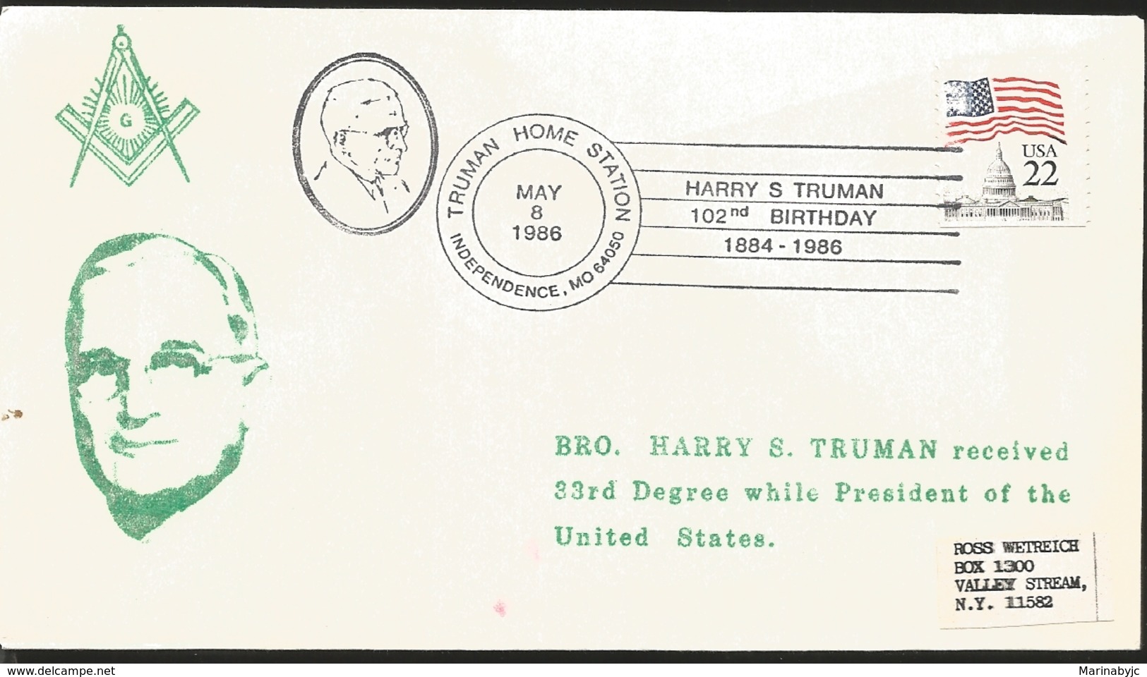 J) 1986 UNITED STATES, MASON GRAND LODGE, 102nd BIRTHDAY, TRUMAN HOME STATION INDEPENDENCE, BROTHER HARRY S TRUMAN RECEI - Otros & Sin Clasificación