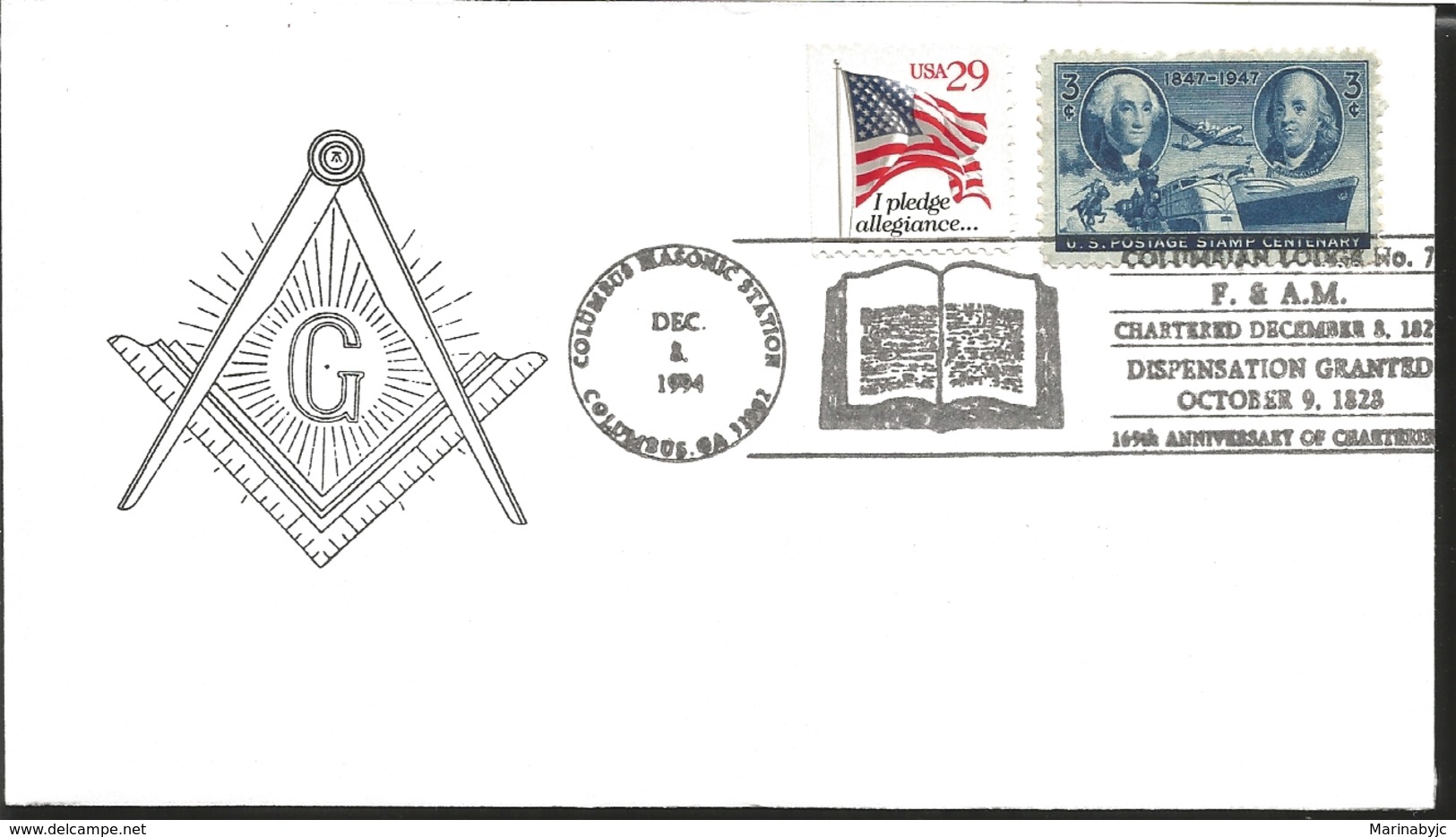 J) 1994 UNITED STATES, MASONIC GRAND LODGE, FLAG, WASHINGTON AND FRANKLIN, WITH SLOGAN CANCELLATION, FDC - Autres & Non Classés