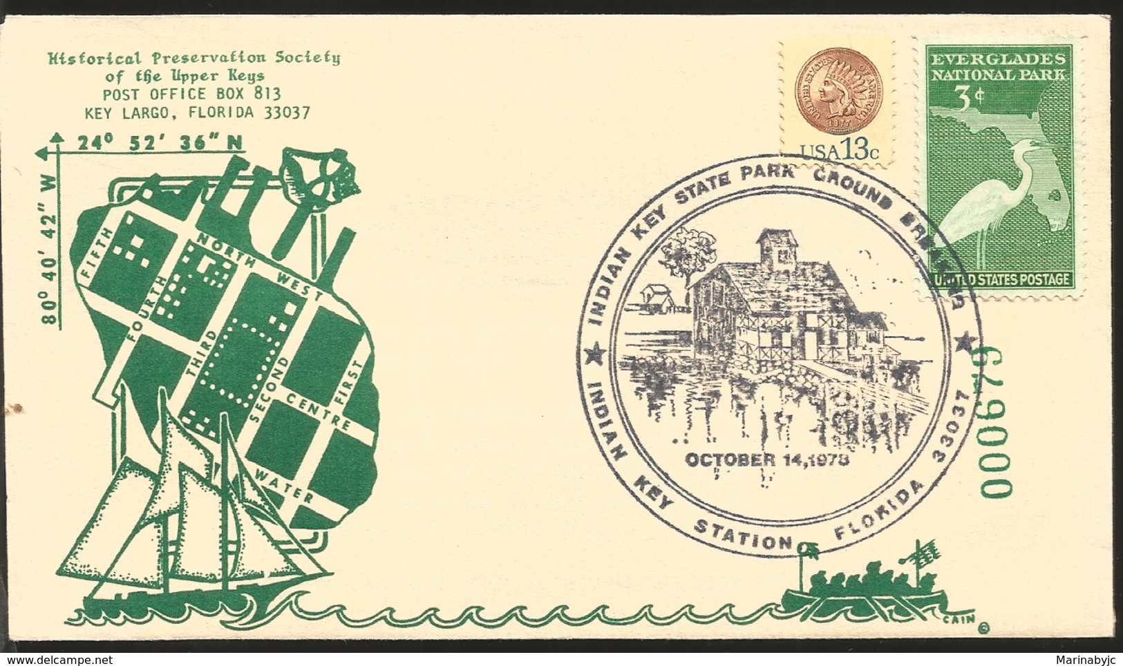 J) 1973 UNITED STATES, INDIAN KEY STATE PARK GROUND BREAKING, MAP, COIN, BOAT, FDC - Sonstige & Ohne Zuordnung