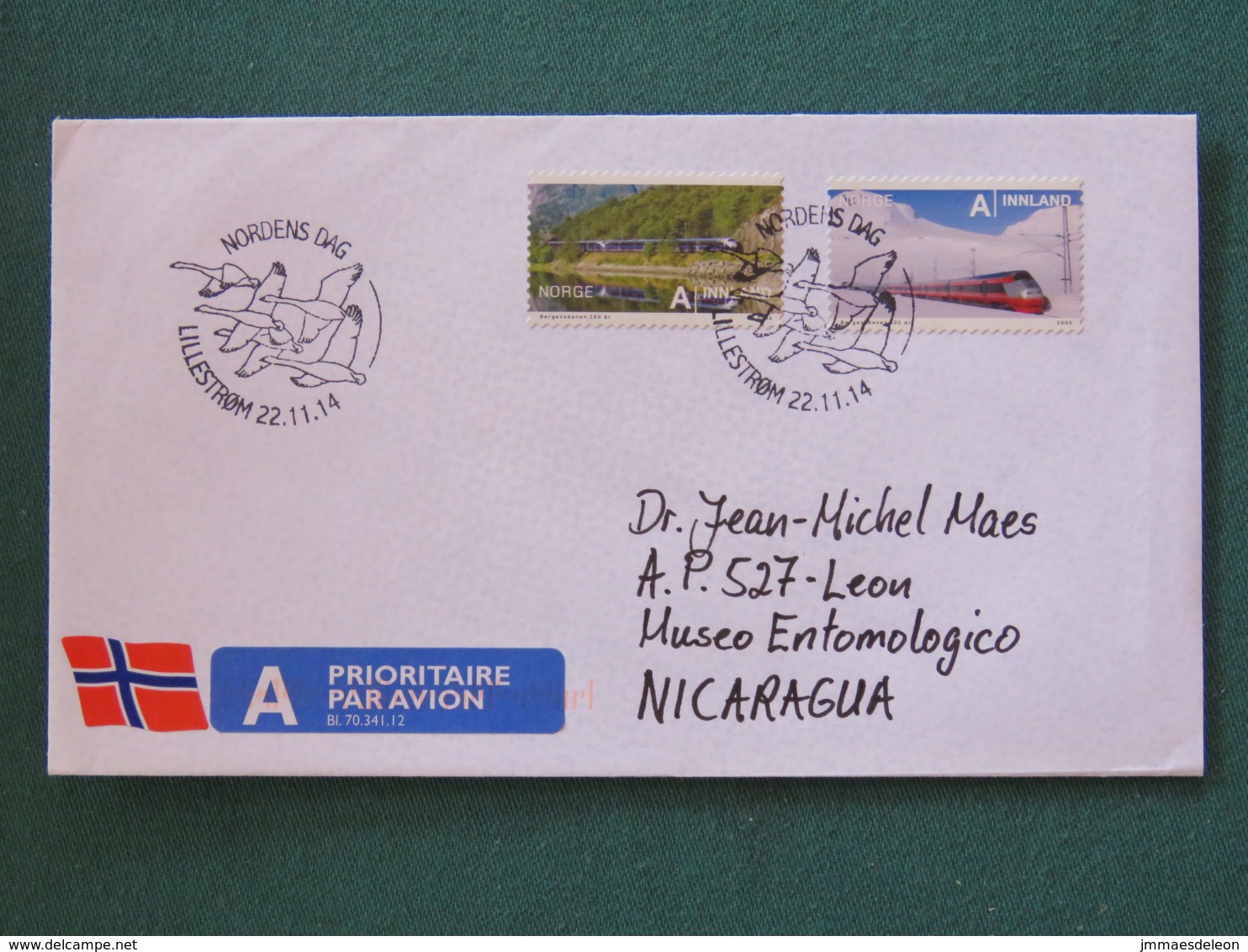 Norway 2014 Cover To Nicaragua - Geese Birds Cancel - Train - Cartas & Documentos