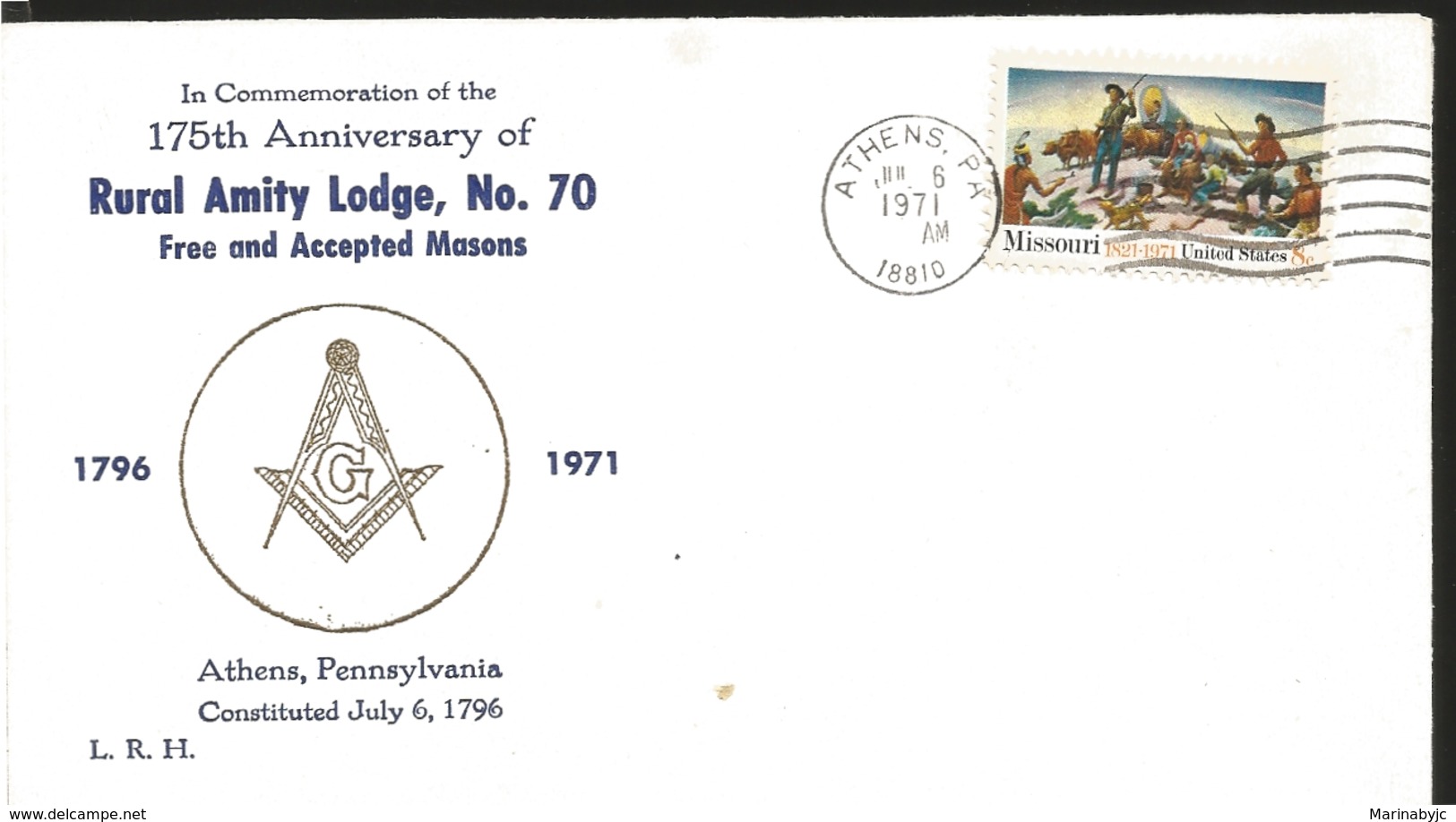 J) 1971 UNITED STATES, 175th ANNIVERSARY OF RURAL AMITY LODGE N°70 FREE AND ACCEPTED MASONS, FDC - Sonstige & Ohne Zuordnung